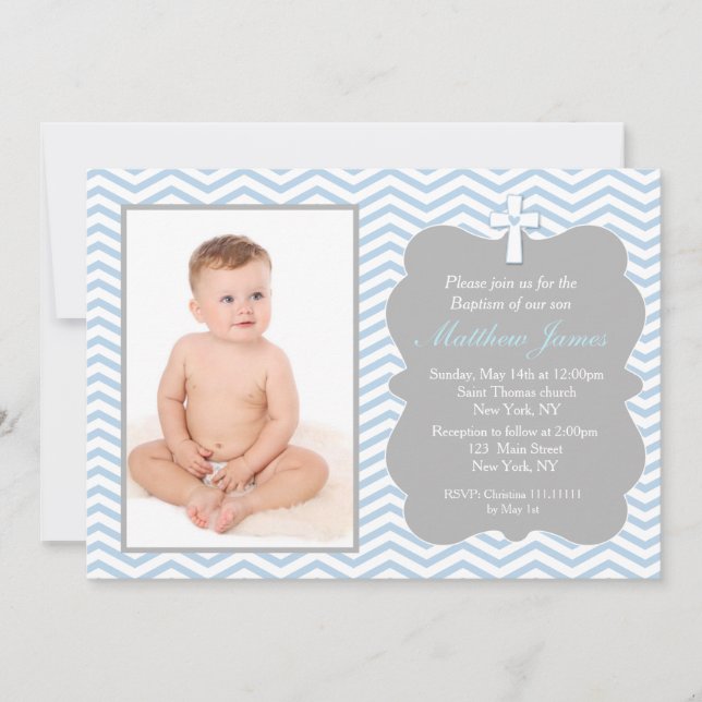 Blue Grey Chevron Baptism Invitations Boy (Front)