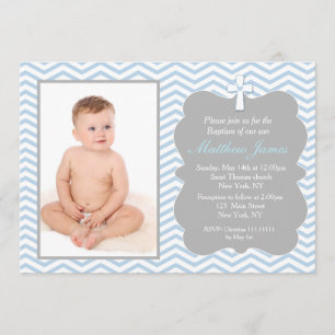 Blue Grey Chevron Baptism Invitations Boy
