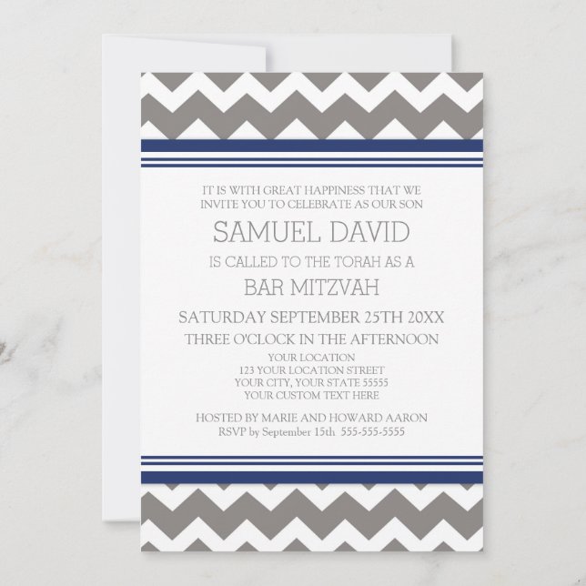 Blue Grey Chevron Bar Mitzvah Invitations (Back)