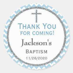 Blue Grey Chevron Boys Baptism Thank You Favour Classic Round Sticker