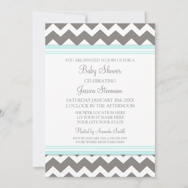 Blue Grey Chevron Custom Baby Shower Invitations (Back)