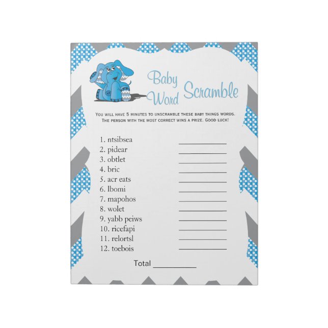 Blue & Grey Chevron Elephant Baby Word Game 2 Notepad (Rotated)