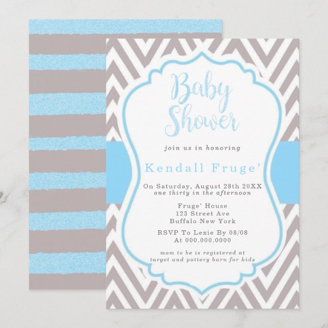 Blue Grey Chevron Frame Boy Baby Shower Invitation (Front/Back)