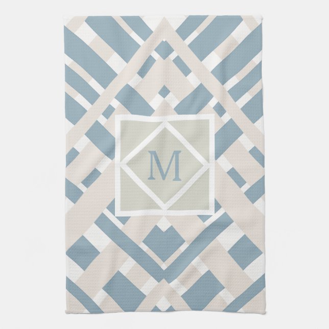 Blue Grey Chevron Geometric Design with Monogram Tea Towel (Vertical)