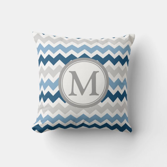 Blue Grey Chevron Monogram Decorative Pillow (Front)
