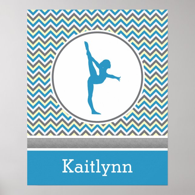 Blue / Grey Chevron Stripes Gymnastics w/ Monogram Poster (Front)