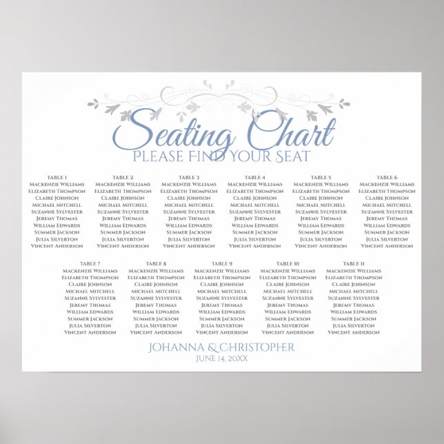 Blue Grey Chic 11 Table Wedding Seating Chart (Front)