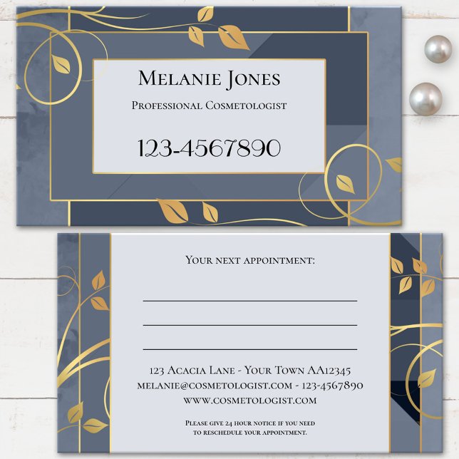 Blue Grey Chic Gold Leaves Appointment Card (Professional appointment business card featuring swirling golden leaves on blue grey geometric)