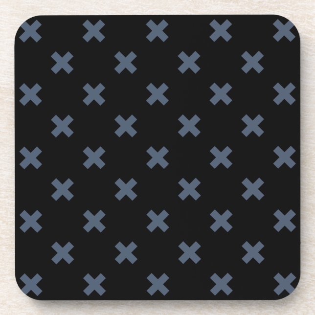 Blue-grey cross stitches on black coaster (Front)