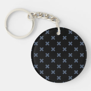 Blue-grey cross stitches on black key ring