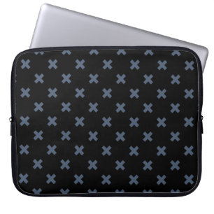 Blue-grey cross stitches on black laptop sleeve
