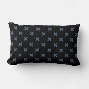 Blue-grey cross stitches on black lumbar cushion