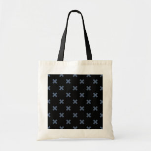Blue-grey cross stitches on black tote bag