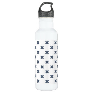 Blue-grey cross stitches on white 710 ml water bottle