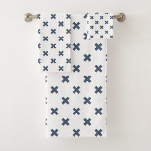 Blue-grey cross stitches on white bath towel set