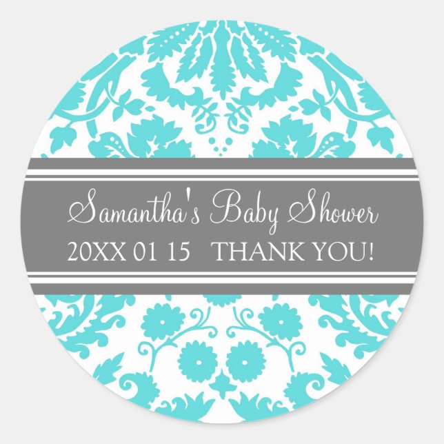 Blue Grey Damask Baby Shower Favour Stickers (Front)