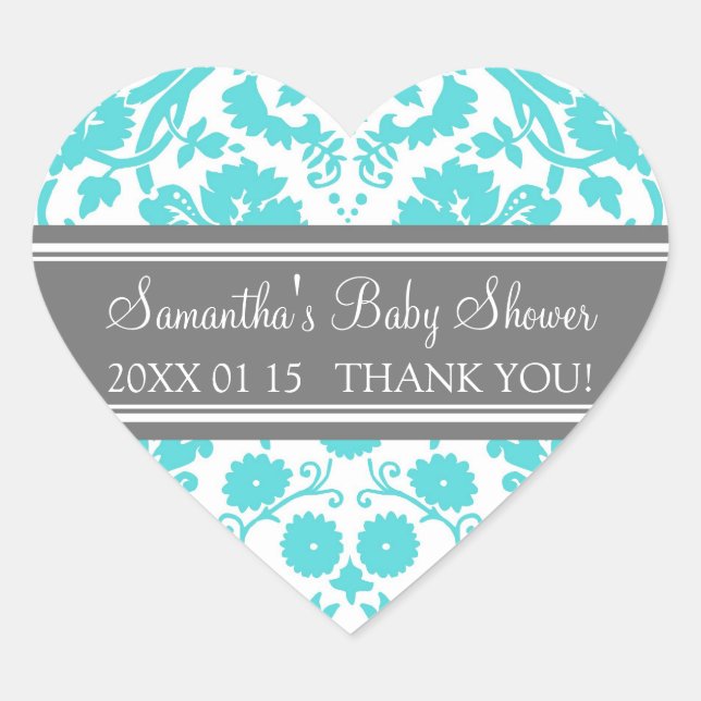 Blue Grey Damask Baby Shower Favour Stickers (Front)