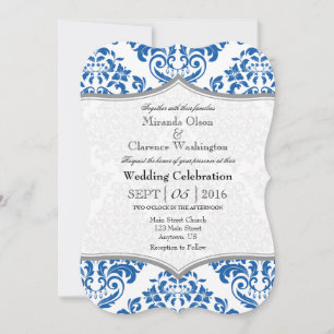 Blue Grey Damask Bracket Wedding Invite