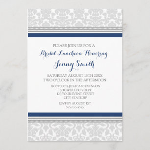 Blue Grey Damask Bridal Lunch Invitation Cards