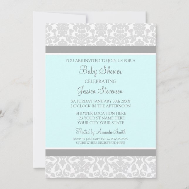 Blue Grey Damask Custom Baby Shower Invitations (Back)