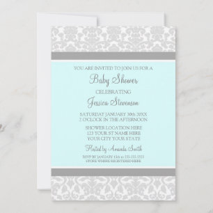 Blue Grey Damask Custom Baby Shower Invitations