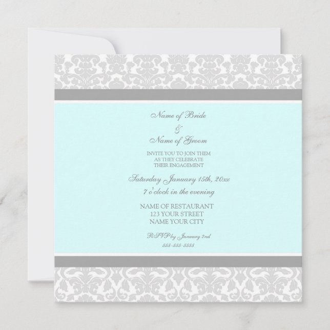 Blue Grey Damask Engagement Party Invitations (Front)