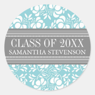 Blue Grey Damask Graduation Custom Year Name Classic Round Sticker