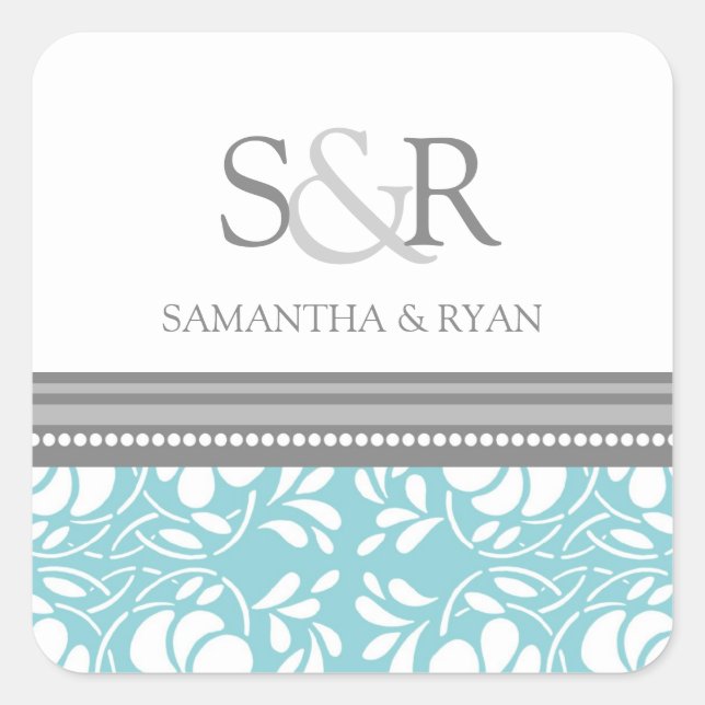 Blue Grey Damask Monogram Envelope Seal (Front)