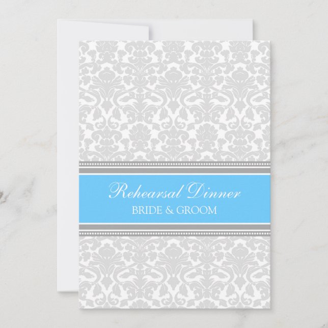 Blue Grey Damask Rehearsal Dinner Party Invitation (Front)