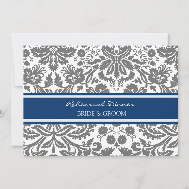 Blue Grey Damask Rehearsal Dinner Party Invitation (Front)