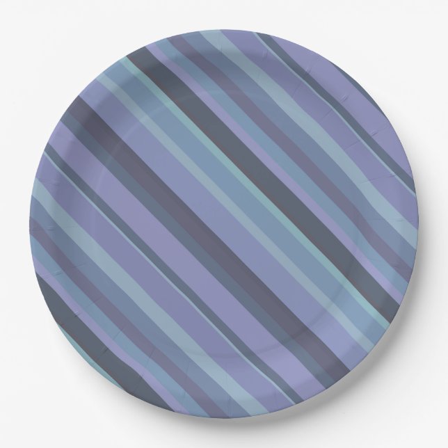 Blue-grey diagonal stripes paper plate (Front)
