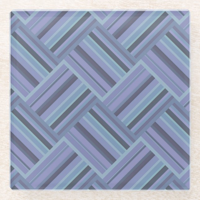 Blue-grey diagonal stripes weave pattern glass coaster (Front)