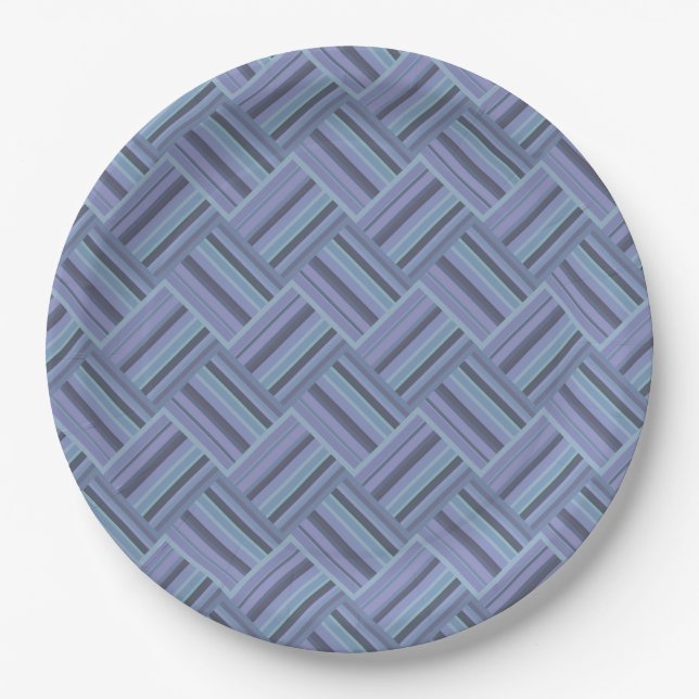 Blue-grey diagonal stripes weave pattern paper plate (Front)