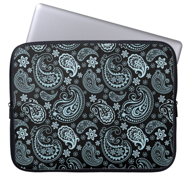 Blue-Grey Elegant Retro Paisley Pattern Design Laptop Sleeve (Front)