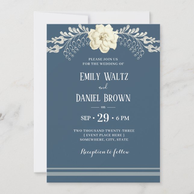 Blue Grey Elegant White Camellia Wedding Invitation (Front)