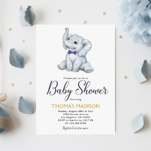 Blue Grey Elephant Baby Boy Shower Invitation