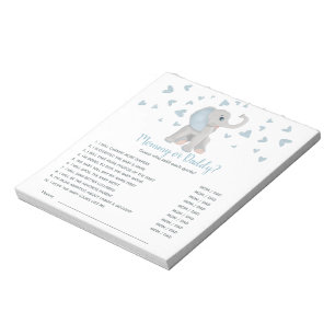 Blue Grey Elephant Baby Shower Game Guess Who Notepad