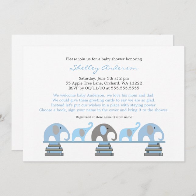 Blue Grey Elephant Baby Shower Invitations (Front/Back)