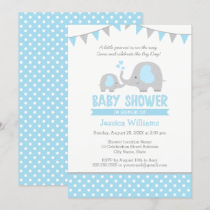 Blue Grey Elephant Baby Shower Invitations for Boy