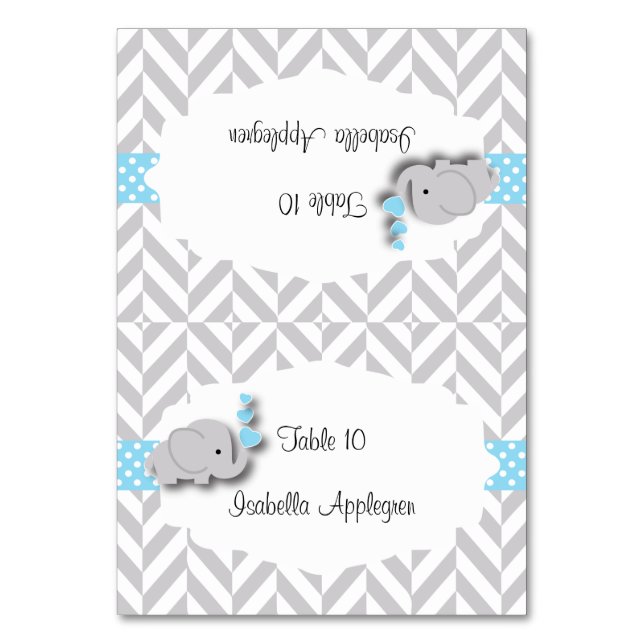 Blue & Grey Elephant Baby Shower | Place Cards (Front)