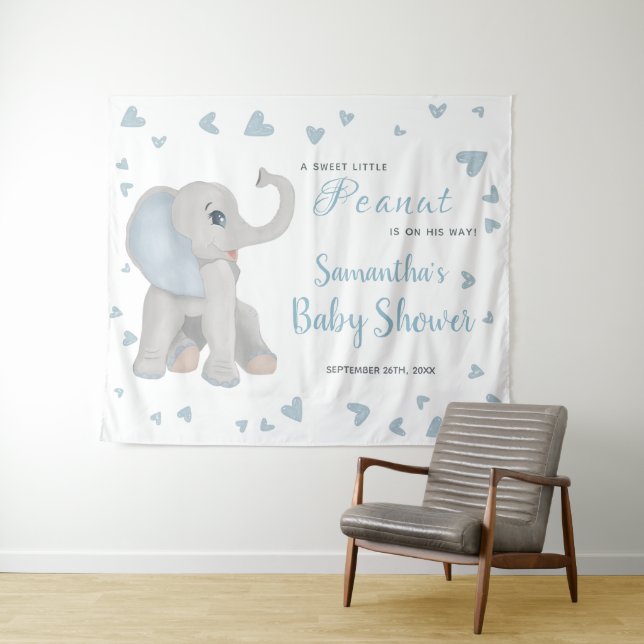 Blue Grey Elephant Boy Baby Shower Backdrop Sign Tapestry (In Situ (Horizontal))