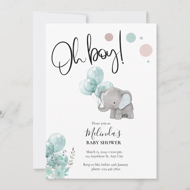 Blue Grey Elephant Boy Baby Shower Invitation (Front)