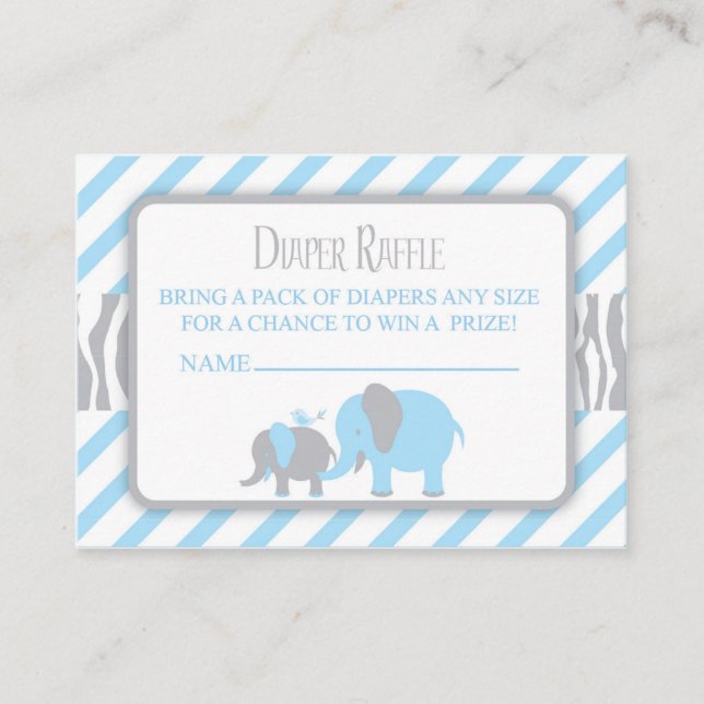 Blue & Grey Elephant Diaper Raffle Ticket Enclosure Card (Front)