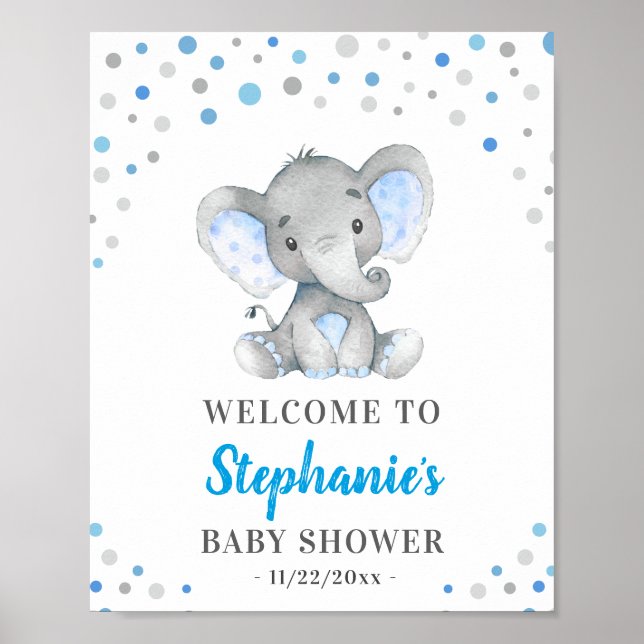 Blue Grey Elephant Polka Dot Baby Shower Welcome Poster (Front)