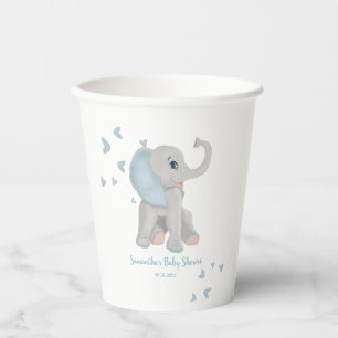 Blue Grey Elephant Watercolor Hearts Baby Shower Paper Cups