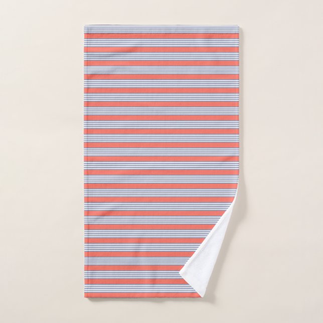 Blue-grey five stripe pattern with living coral hand towel (Hand Towel)
