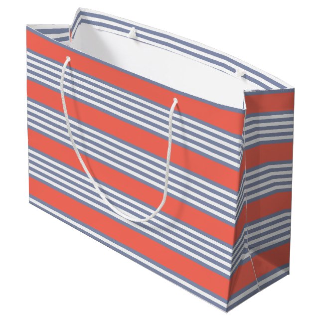 Blue-grey five stripe pattern with living coral large gift bag (Back Angled)