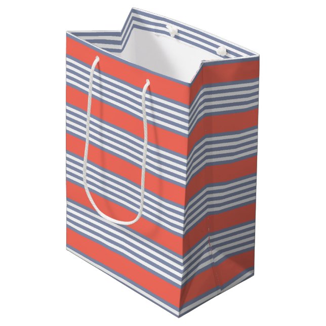 Blue-grey five stripe pattern with living coral medium gift bag (Front Angled)