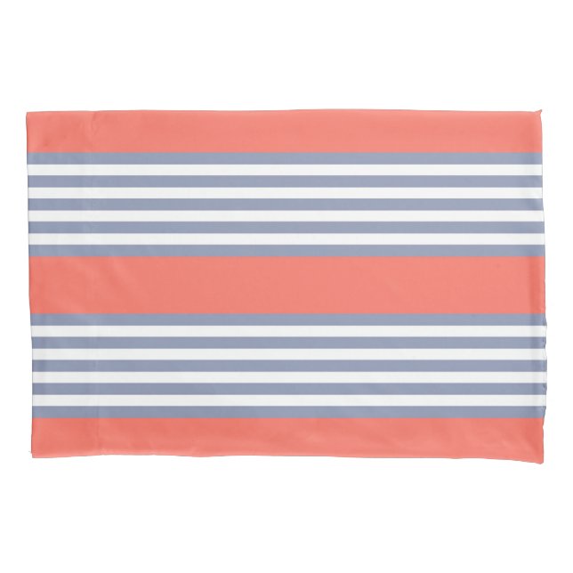 Blue-grey five stripe pattern with living coral pillowcase (Front)