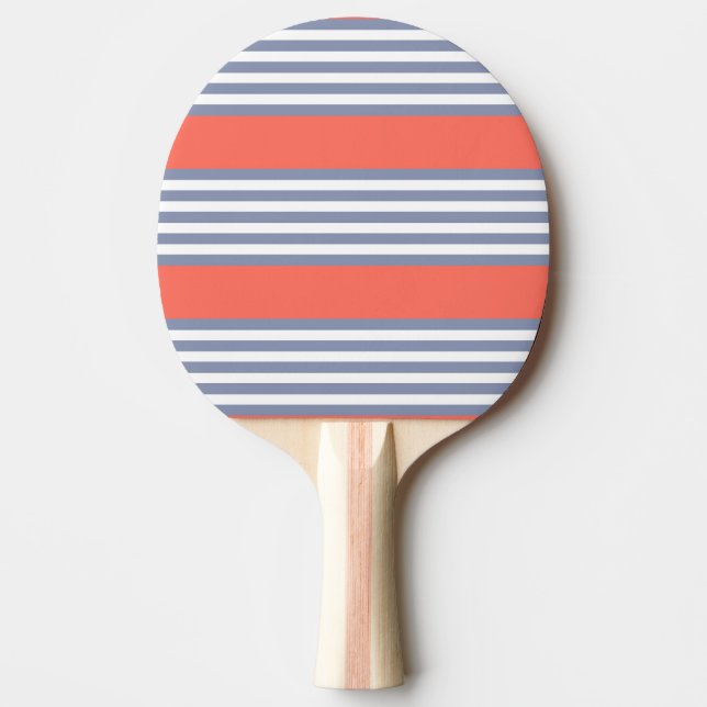 Blue-grey five stripe pattern with living coral ping pong paddle (Front)